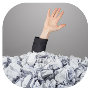 Picture of a hand raised from a sea of scrunched up paper receipts denoting how a virtual assistant can help
