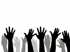 A black and white cartoon style image of raised hands.