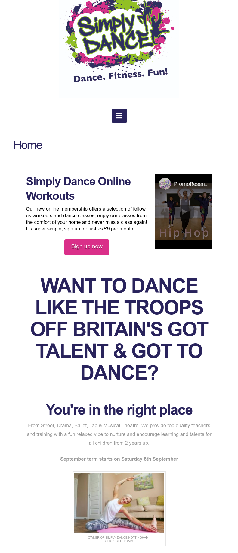 Screen shot of the front page of the Simply Dance Nottingham website