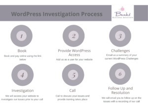 Image outlining the 6 step process for our WordPress Investigation Service