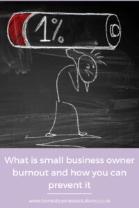 Business Owner Burnout – what is it, and what can you do about it? - Picture of stick man with battery on his back at 1%