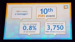 Slide from SBS Event 2023 showing that this is the 10th SBS Event and only 0.8% of entries win. The whole SBS community is made up of just 3,750 business owners and grows each week