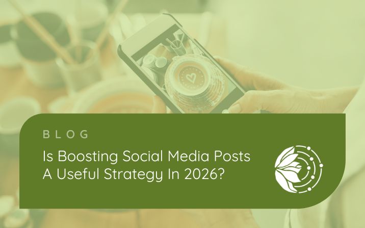 Image of someone taking a photo of a coffee cup with text overlaid that says Is Boosting Social Media Posts A Useful Strategy In 2026?