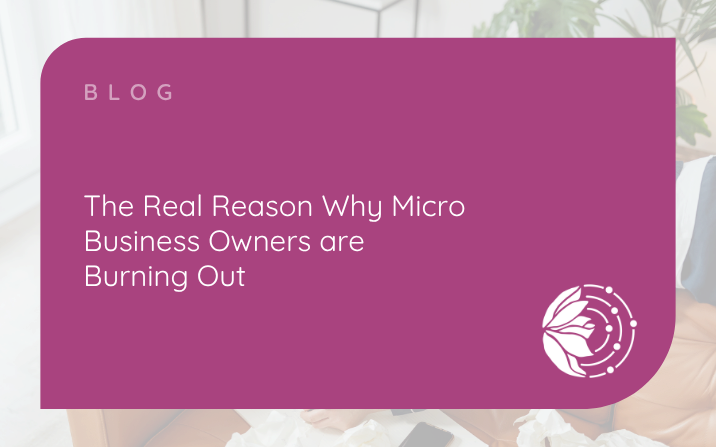 Image with a pink background, the logo and the text The Real Reason Why Micro Business Owners are Burning Out