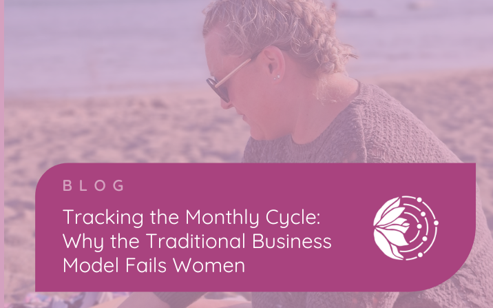 Photograph of Sarah Banks on a beach with the text - Tracking the Monthly Cycle: Why the Traditional Business Model Fails Women